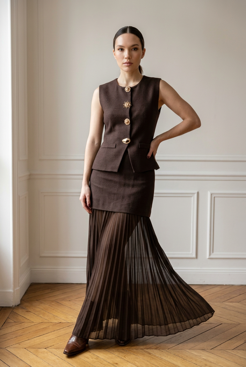 Conjunto Tricot Modal Colete e Saia Plissada